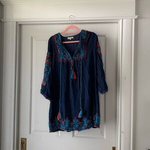 Rubyyaya boho blue dress with embroidery detail and tassels gently used